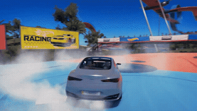 A Car Is Drifting On A Track With A Sign That Says Racing In The Background GIF