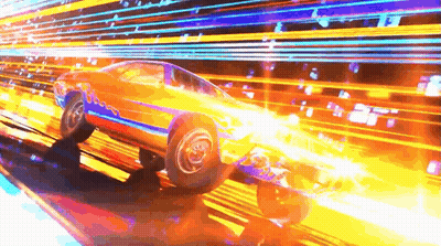 A Car Is Driving Down A Road At Night With A Lot Of Lights Coming Out Of It . GIF