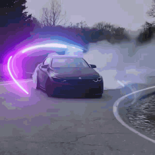 A Car Is Driving Down A Road With Smoke Coming Out Of The Windshield GIF