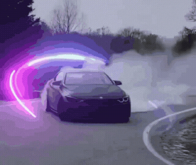 A Car Is Driving Down A Road With Smoke Coming Out Of The Windshield GIF