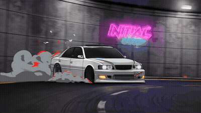 A Car Is Driving Through A Tunnel With A Neon Sign That Says Initial GIF