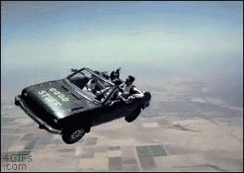 A Car Is Flying Through The Air With The Words Good Stuff On The Side GIF