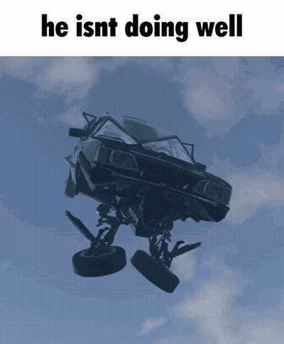 A Car Is Flying Through The Air With The Words He Isnt Doing Well Above It GIF
