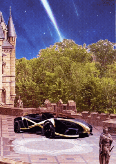 A Car Is Parked In Front Of A Castle GIF