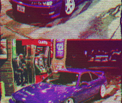 a car is parked in front of a gas station with a glitch effect .