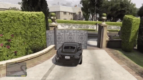 A Car With A California License Plate Is Parked In Front Of A Gate In A Video Game GIF