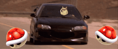 A Car With A Doge On The Windshield Is Driving Down The Road GIF