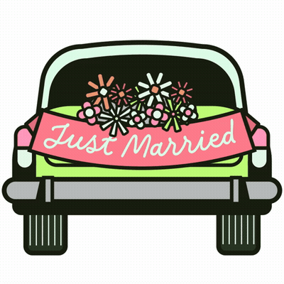 A Car With Flowers And A Just Married Banner On It GIF