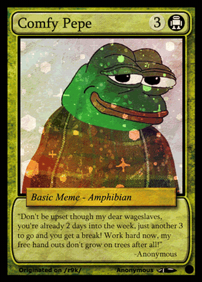 A Card That Says Comfy Pepe On It With A Frog On It GIF