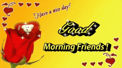 A Card That Says Good Morning Friends With A Teddy Bear On A Rose GIF