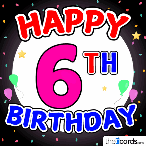 A Card That Says Happy 6Th Birthday With Balloons And Confetti GIF