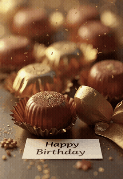 A Card That Says Happy Birthday Is Next To A Chocolate GIF