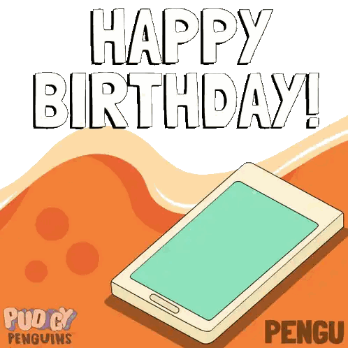 A Card That Says Happy Birthday Pengu With A Cell Phone On It Sticker