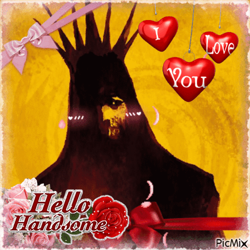 A Card That Says Hello Handsome With A Bird And Hearts GIF