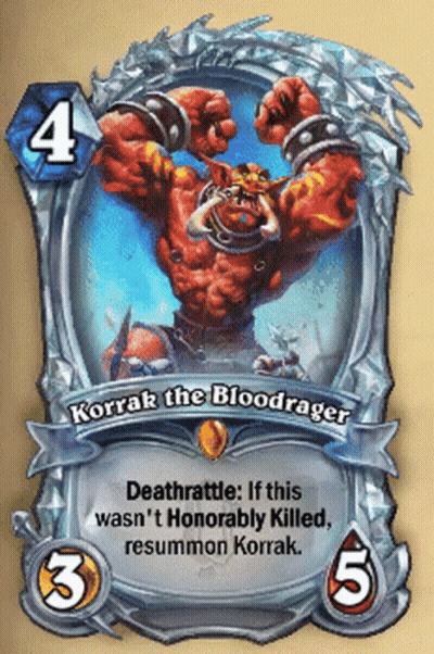 A Card That Says " Korrak The Bloodrager " Has A Picture Of A Monster On It GIF