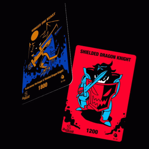 A Card That Says Shielded Dragon Knight Next To A Card That Says Whined Oni Beast GIF