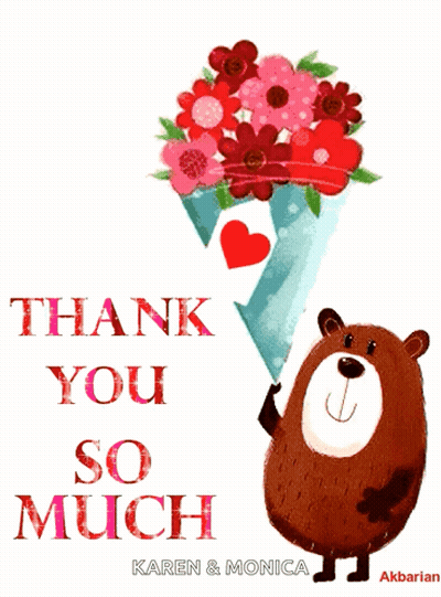 A Card That Says Thank You So Much With A Bear Holding Flowers GIF