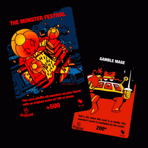 A Card That Says The Monster Festival On It Next To A Card That Says Gamble Mage GIF