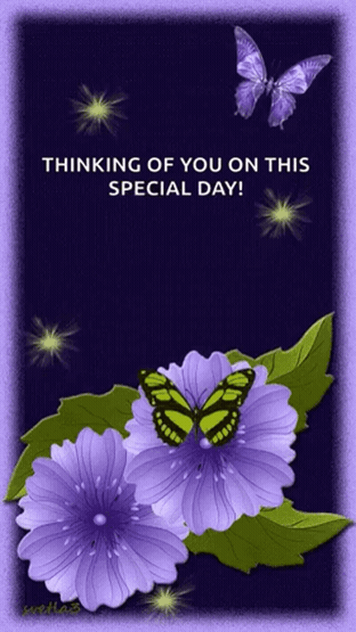 A Card That Says Thinking Of You On This Special Day With Purple Flowers And Butterflies GIF