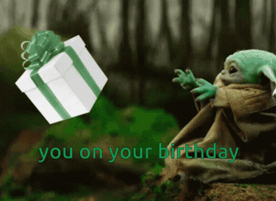 A Card With A Baby Yoda Holding A Gift And The Words You On Your Birthday GIF