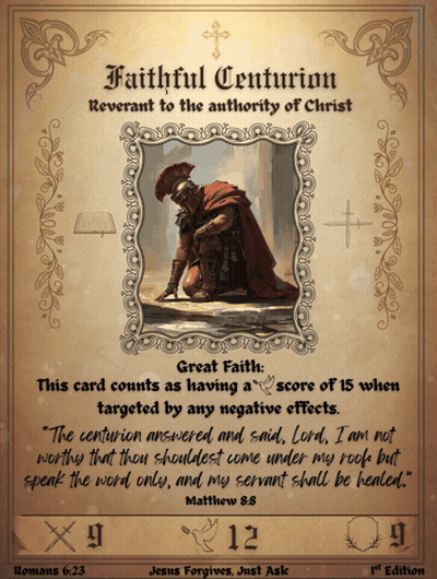 A Card With A Picture Of A Roman Soldier And The Words Faithful Centurion On It GIF