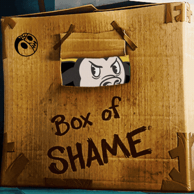A Cardboard Box That Says Box Of Shame On The Side GIF