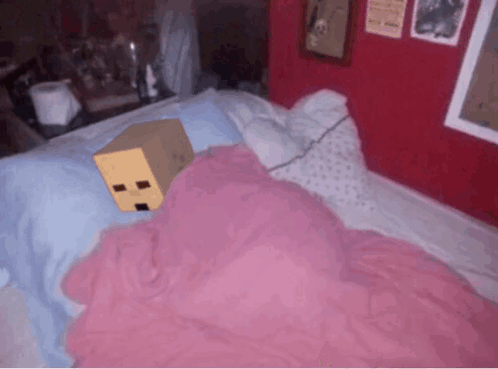 A Cardboard Box With A Face On It Is Laying On A Bed With Pink Sheets GIF