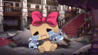 A Cardboard Box With A Pink Bow Is Crying In Front Of Stairs GIF