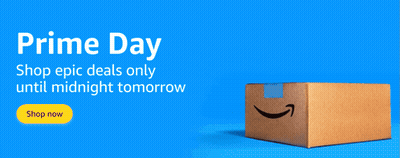 A Cardboard Box With A Smile On It And The Words " Prime Day Shop Epic Deals Only Until Midnight Tomorrow " GIF