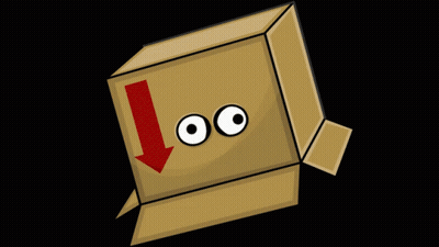 A Cardboard Box With Cartoon Eyes And An Arrow Pointing Down GIF
