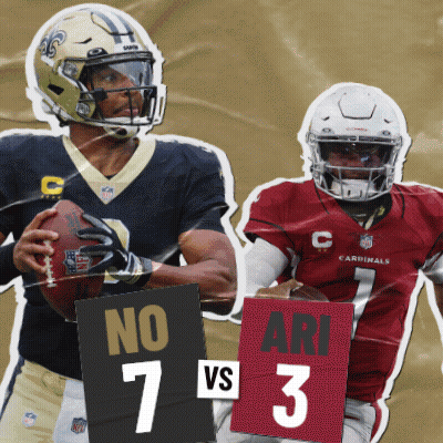 A Cardinals Player Holds A Football Next To A Player From The Saints GIF