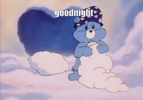 A Care Bear Is Sitting On A Cloud With The Words Goodnight Written On The Bottom GIF