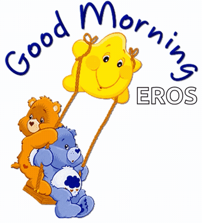 A Care Bear Sitting On A Swing With The Words " Good Morning Eros " GIF