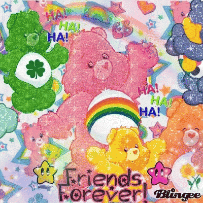 A Care Bears Background With The Words Friends Forever GIF