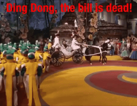 A Carriage Is Pulled By A Horse With The Words " Ding Dong The Bill Is Dead " Written Above It GIF