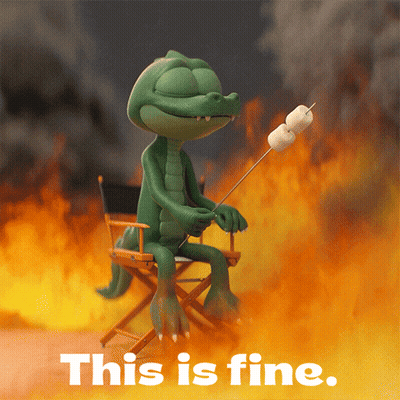 A Cartoon Alligator Sitting In A Director 'S Chair Roasting Marshmallows With The Words This Is Fine Behind Him GIF