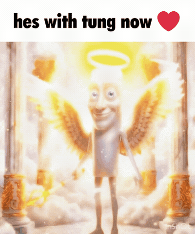 A Cartoon Angel With The Words Hes With Tung Now GIF