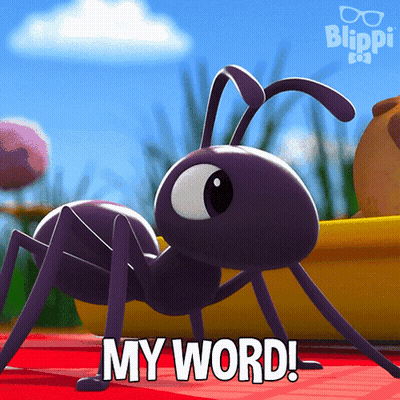 A Cartoon Ant Says My Word On A Red Table Cloth GIF