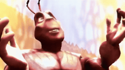 A Cartoon Ant With Its Arms Outstretched Is Looking Up At Something . GIF