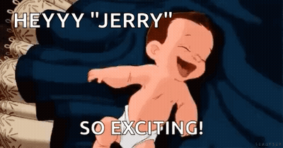 A Cartoon Baby In A Diaper Is Laying On A Bed With The Words `` Heyy Jerry '' So Exciting . GIF