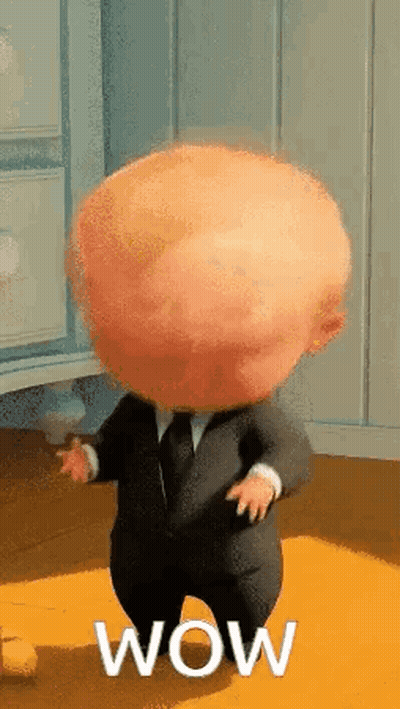 A Cartoon Baby In A Suit And Tie Is Standing On A Yellow Floor And Says Wow . GIF