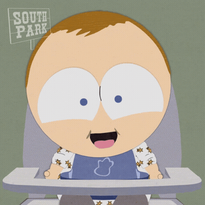 A Cartoon Baby Is Sitting In A High Chair With A South Park Sign Behind Him GIF