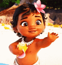 A Cartoon Baby With A Flower In Her Hair Is Holding A Shell . GIF