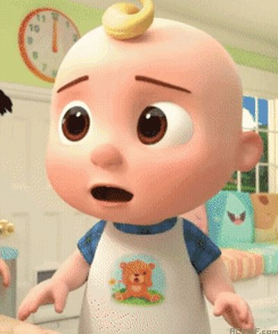A Cartoon Baby With A Teddy Bear On His Shirt Stands In Front Of A Clock GIF