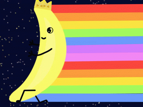 A Cartoon Banana With A Crown On Its Head And A Rainbow In The Background GIF