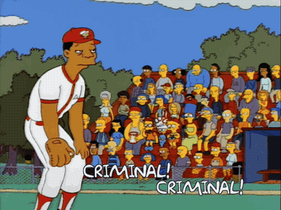 A Cartoon Baseball Player Stands In Front Of A Crowd And Says Criminal GIF
