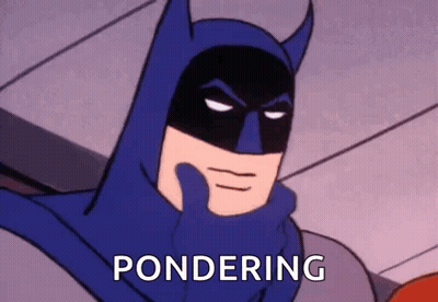 A Cartoon Batman Is Holding His Hand To His Face And The Word Pondering Is Written Below Him . GIF