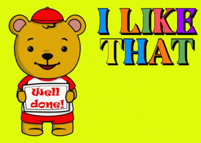 A Cartoon Bear Holding A Sign That Says Well Done GIF