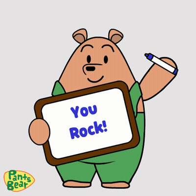 A Cartoon Bear Holding A Sign That Says " You Rock " GIF