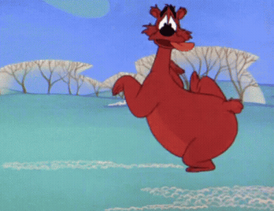A Cartoon Bear Is Dancing In A Snowy Field With Trees In The Background GIF